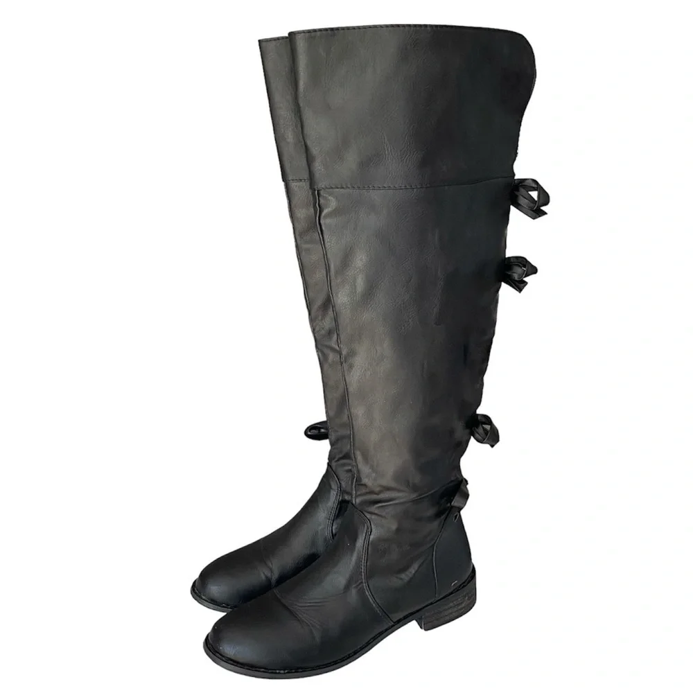 A.X.N.Y. Knee High Boots Bow Back Black Vegan Leather Women Size 7